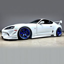 A Toyota Supra Mk5 featuring a sleek white wrap with blue pearlescence