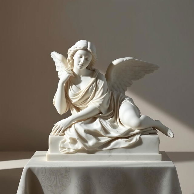 A marble statue of a woman angel resting on a table, depicted in a renaissance art style