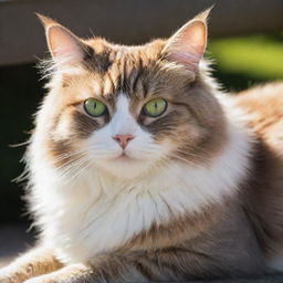 A beautiful, fluffy cat lounging in warm sunlight with its vivid green eyes wide open.