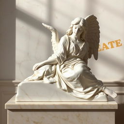 A marble statue of a woman angel resting on a table, depicted in a renaissance art style