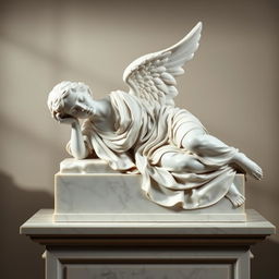 A marble statue of a woman angel resting on a table, depicted in a renaissance art style