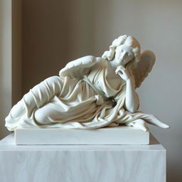 A marble statue of a woman angel resting on a table, depicted in a renaissance art style