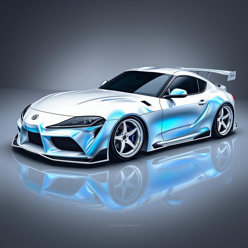 A Toyota Supra Mark 5 draped in a mesmerizing white wrap with blue pearlescence, enhanced by a widebody kit that grants it a bold and aggressive appearance