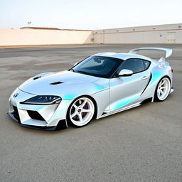 A Toyota Supra Mark 5 draped in a mesmerizing white wrap with blue pearlescence, enhanced by a widebody kit that grants it a bold and aggressive appearance