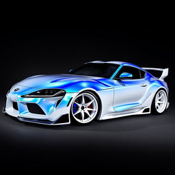 A Toyota Supra Mark 5 draped in a mesmerizing white wrap with blue pearlescence, enhanced by a widebody kit that grants it a bold and aggressive appearance