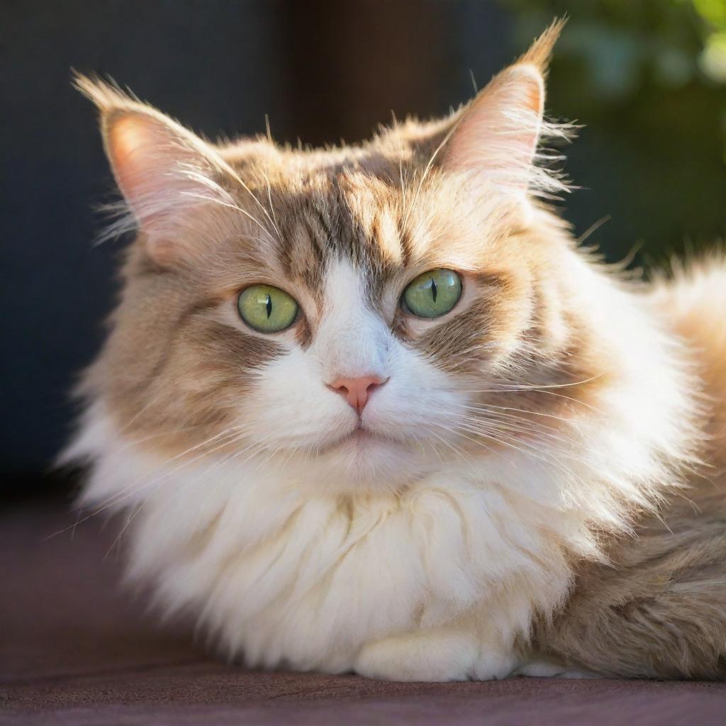 A beautiful, fluffy cat lounging in warm sunlight with its vivid green eyes wide open.