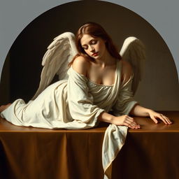 A woman angel resting on a table, depicted in a renaissance art style