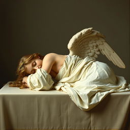 A woman angel resting on a table, depicted in a renaissance art style