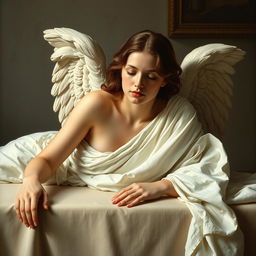 A woman angel resting on a table, depicted in a renaissance art style