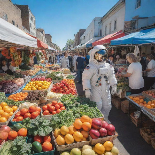 An astronaut shopping at a bustling open-air market, browsing colorful stalls filled with fresh produce, interacting with vendors under a clear blue sky.