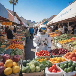 An astronaut shopping at a bustling open-air market, browsing colorful stalls filled with fresh produce, interacting with vendors under a clear blue sky.