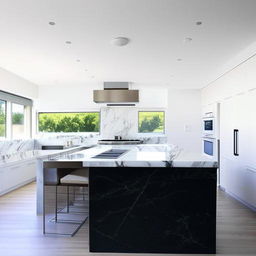 A modern kitchen with glossy white cabinets, black marble countertops, top-of-the-line stainless steel appliances, and a large central island, all under bright white recessed lighting.