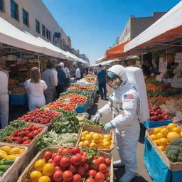 An astronaut shopping at a bustling open-air market, browsing colorful stalls filled with fresh produce, interacting with vendors under a clear blue sky.