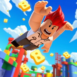 A Roblox character dynamically diving through the air towards floating Robux in a vibrant virtual world