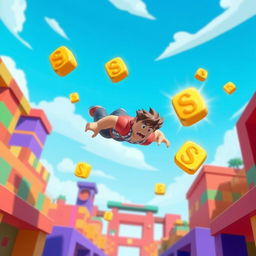 A Roblox character dynamically diving through the air towards floating Robux in a vibrant virtual world