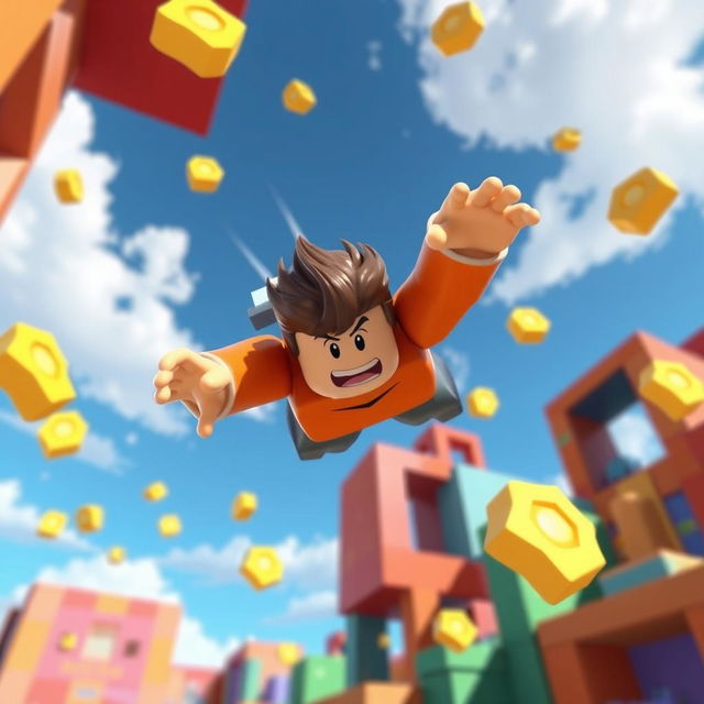 A Roblox character dynamically diving through the air towards floating Robux in a vibrant virtual world