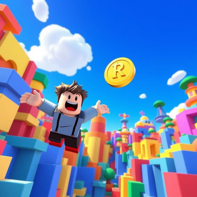 A Roblox character diving energetically towards a single Robux coin floating in mid-air within a vibrant virtual landscape