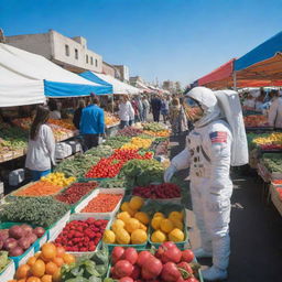 An astronaut shopping at a bustling open-air market, browsing colorful stalls filled with fresh produce, interacting with vendors under a clear blue sky.