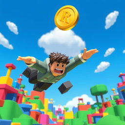 A Roblox character diving energetically towards a single Robux coin floating in mid-air within a vibrant virtual landscape