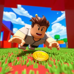 A Roblox character dynamically diving towards a single Robux coin lying on the ground in a vibrant virtual world