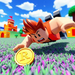 A Roblox character dynamically diving towards a single Robux coin lying on the ground in a vibrant virtual world