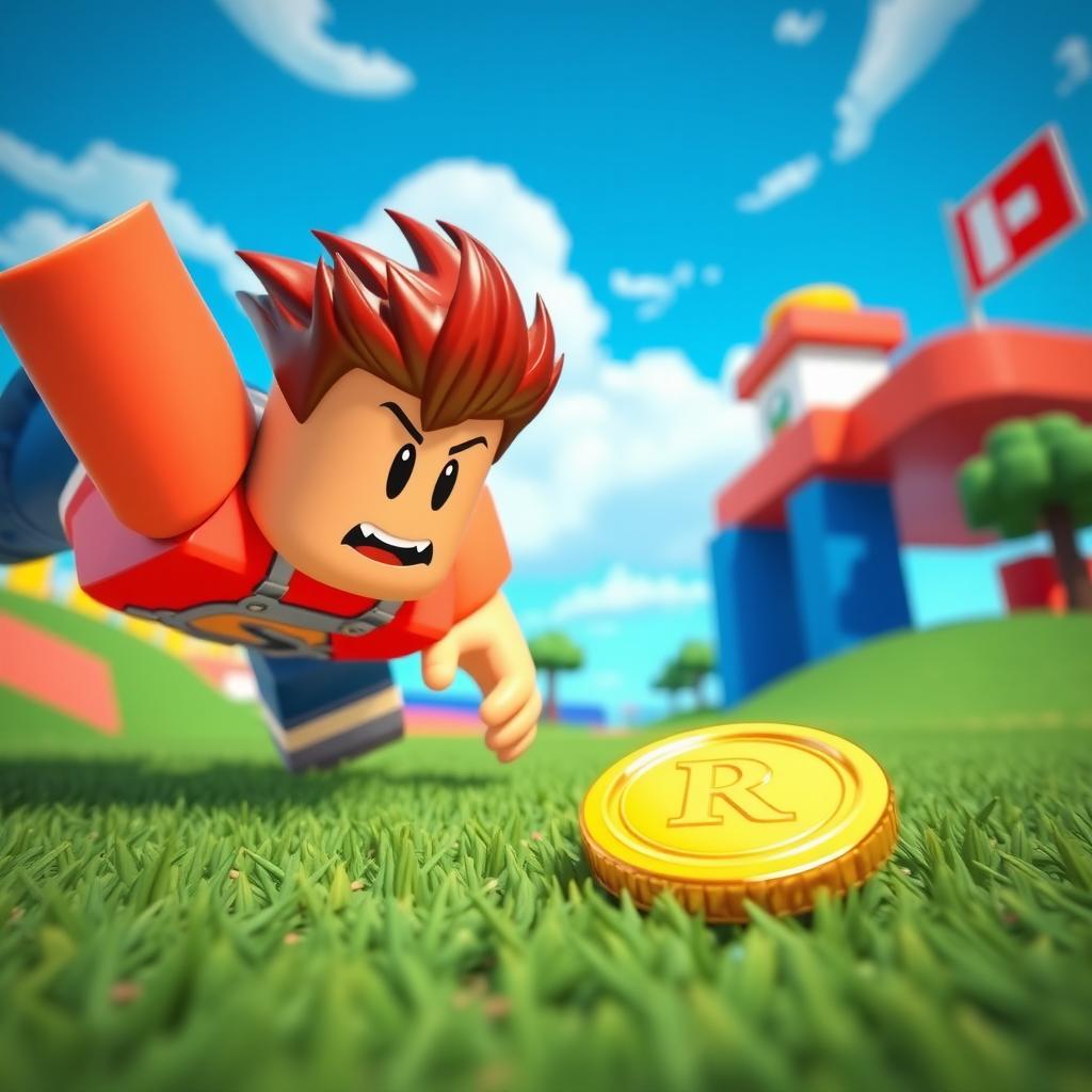 A Roblox character dynamically diving towards a single Robux coin lying on the ground in a vibrant virtual world