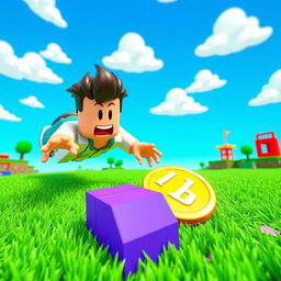 A Roblox character energetically diving towards a singular Robux coin placed on the ground in a colorful virtual environment