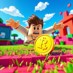 A Roblox character energetically diving towards a singular Robux coin placed on the ground in a colorful virtual environment