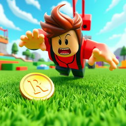 A Roblox character energetically diving towards a singular Robux coin placed on the ground in a colorful virtual environment