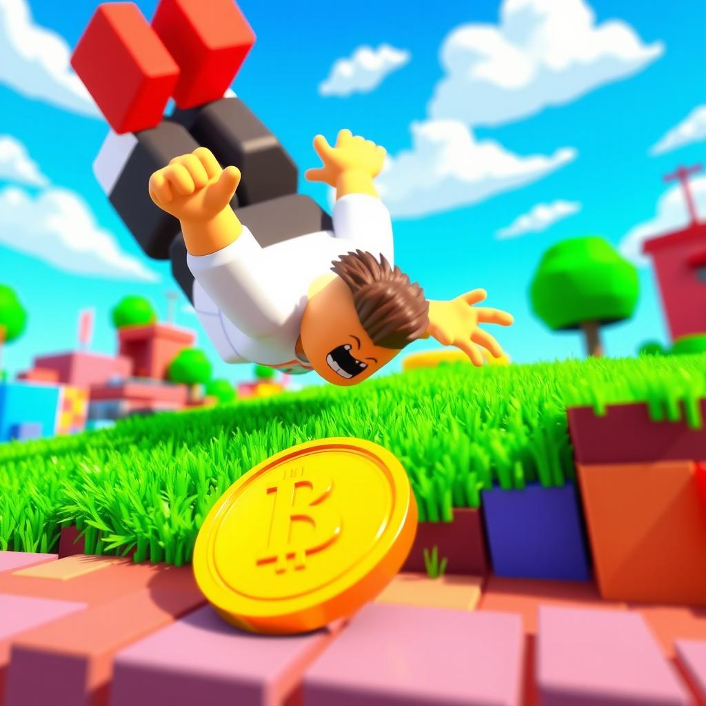 A Roblox character energetically diving towards a singular Robux coin placed on the ground in a colorful virtual environment