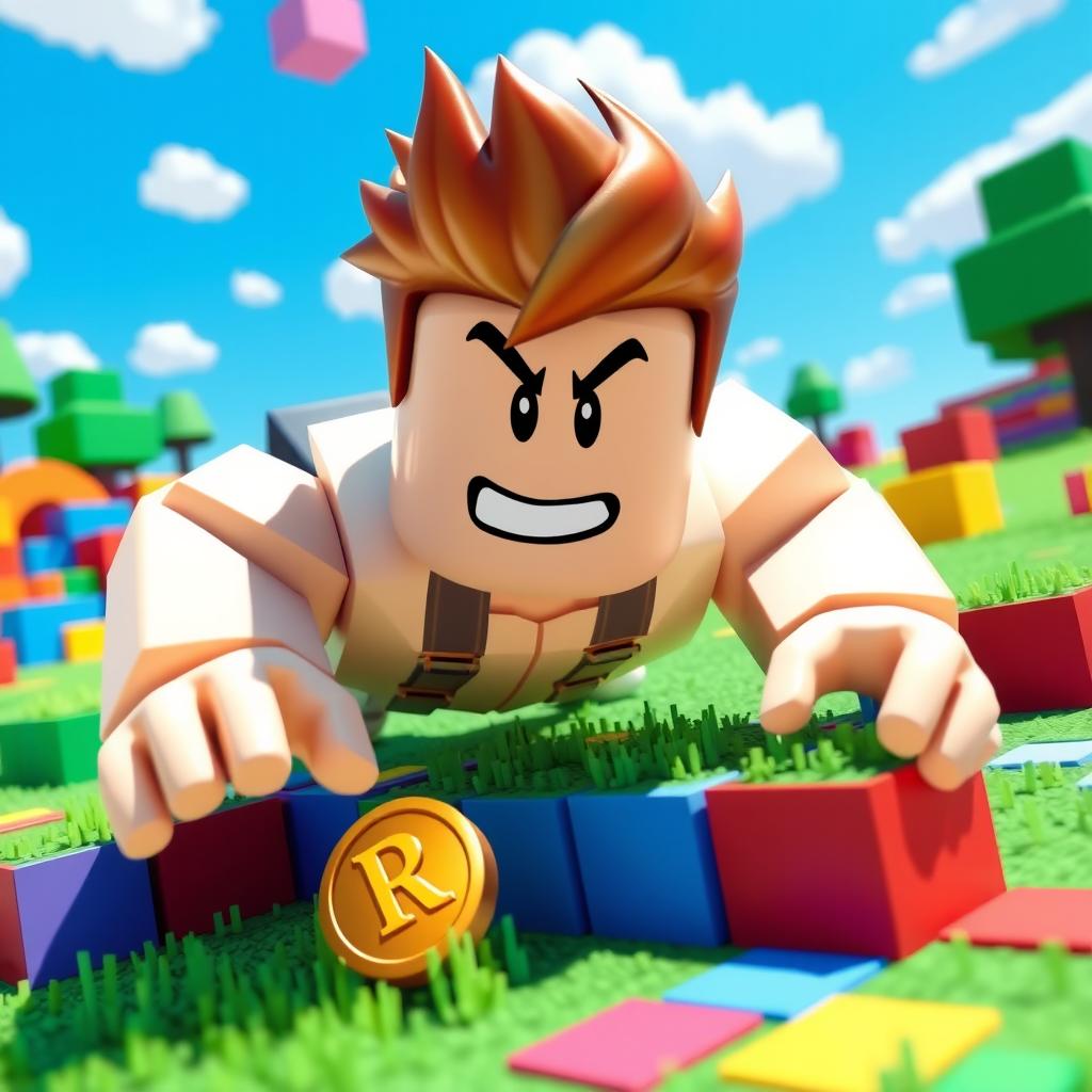 A Roblox character with a playful smirk diving towards a single Robux coin on the ground in a vibrant, pixelated world