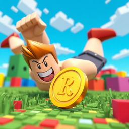 A Roblox character with a playful smirk diving towards a single Robux coin on the ground in a vibrant, pixelated world