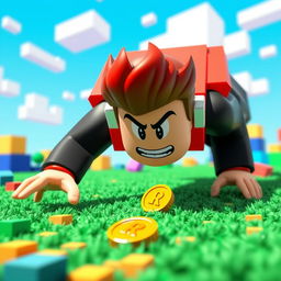 A Roblox character with a playful smirk diving towards a single Robux coin on the ground in a vibrant, pixelated world