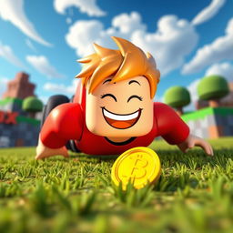 A Roblox character joyfully land diving as if discovering treasure upon spotting a single Robux coin on the ground