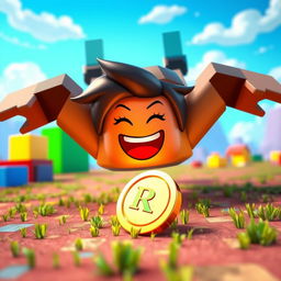 A Roblox character joyfully land diving as if discovering treasure upon spotting a single Robux coin on the ground