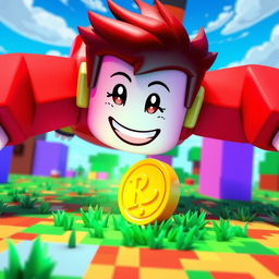 A Roblox character joyfully land diving as if discovering treasure upon spotting a single Robux coin on the ground