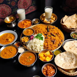 A delectable spread of Indian cuisine featuring vibrant dishes such as butter chicken, aromatic biryani, and spicy samosas arranged on an elegant brass thali