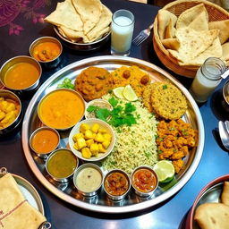 A delectable spread of Indian cuisine featuring vibrant dishes such as butter chicken, aromatic biryani, and spicy samosas arranged on an elegant brass thali