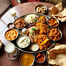 A delectable spread of Indian cuisine featuring vibrant dishes such as butter chicken, aromatic biryani, and spicy samosas arranged on an elegant brass thali