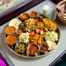 A delectable spread of Indian cuisine featuring vibrant dishes such as butter chicken, aromatic biryani, and spicy samosas arranged on an elegant brass thali