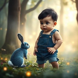 A 10-month-old baby boy in a short denim jumper, characterized by thick black hair and small black shoes, is depicted in an enchanted forest setting