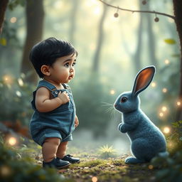 A 10-month-old baby boy in a short denim jumper, characterized by thick black hair and small black shoes, is depicted in an enchanted forest setting