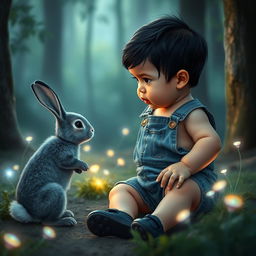 A 10-month-old baby boy in a short denim jumper, characterized by thick black hair and small black shoes, is depicted in an enchanted forest setting