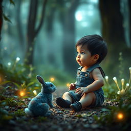 A 10-month-old baby boy in a short denim jumper, characterized by thick black hair and small black shoes, is depicted in an enchanted forest setting