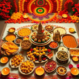 A lavish display of traditional Indian food meticulously arranged for a Diwali celebration