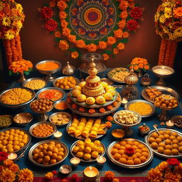 A lavish display of traditional Indian food meticulously arranged for a Diwali celebration