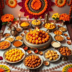 A lavish display of traditional Indian food meticulously arranged for a Diwali celebration