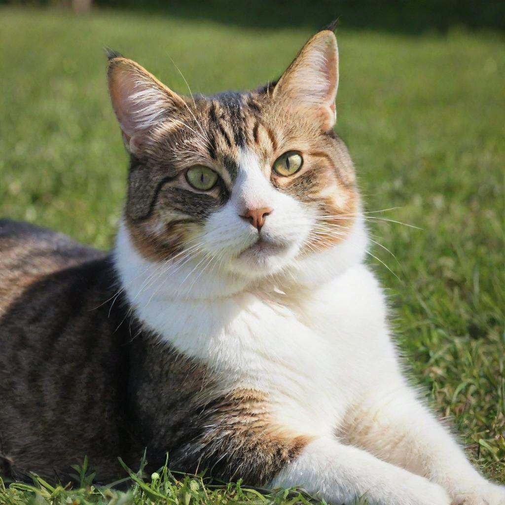 A well-groomed, adult domestic cat lounging comfortably in a sunny patch of grass with a playful sparkle in its eyes