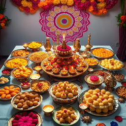 A lavish display of traditional Indian food meticulously arranged for a Diwali celebration