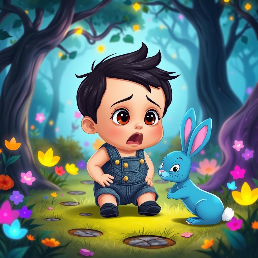 A cartoon depiction of a 10-month-old baby boy in a short denim jumper, with thick black hair and small black shoes, set in a whimsical enchanted forest